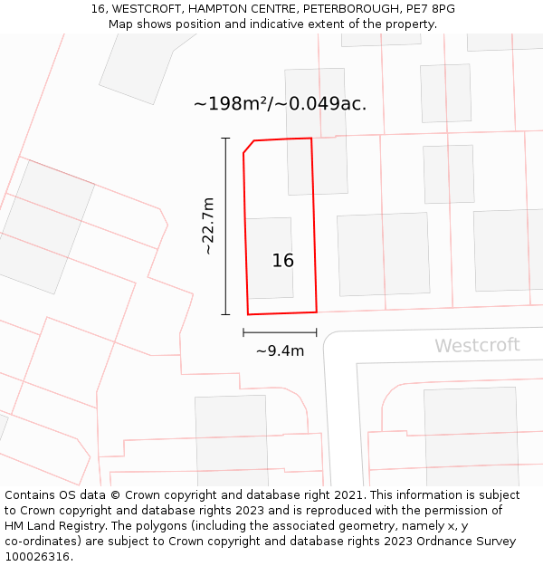 16, WESTCROFT, HAMPTON CENTRE, PETERBOROUGH, PE7 8PG: Plot and title map