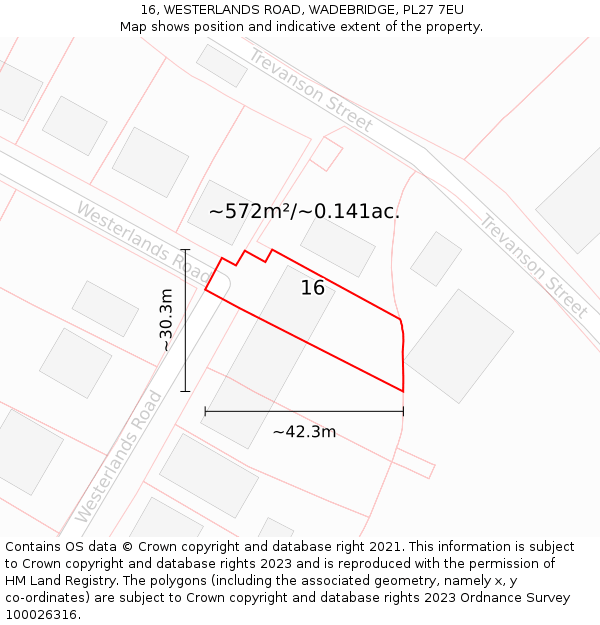 16, WESTERLANDS ROAD, WADEBRIDGE, PL27 7EU: Plot and title map