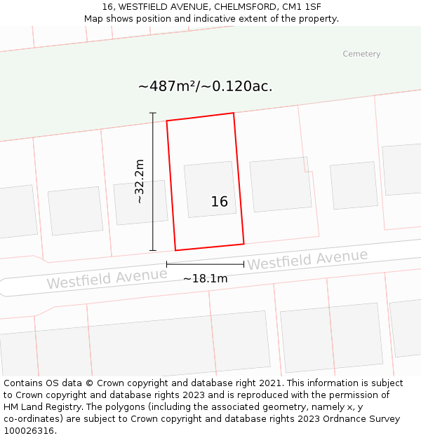 16, WESTFIELD AVENUE, CHELMSFORD, CM1 1SF: Plot and title map