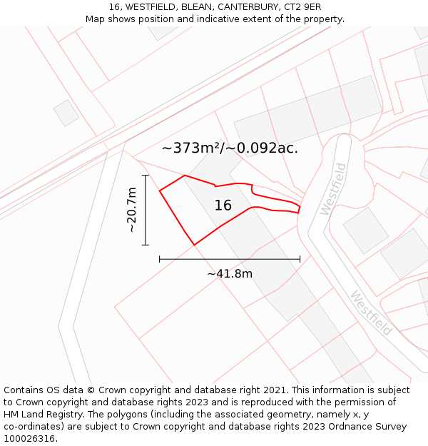 16, WESTFIELD, BLEAN, CANTERBURY, CT2 9ER: Plot and title map