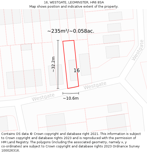 16, WESTGATE, LEOMINSTER, HR6 8SA: Plot and title map