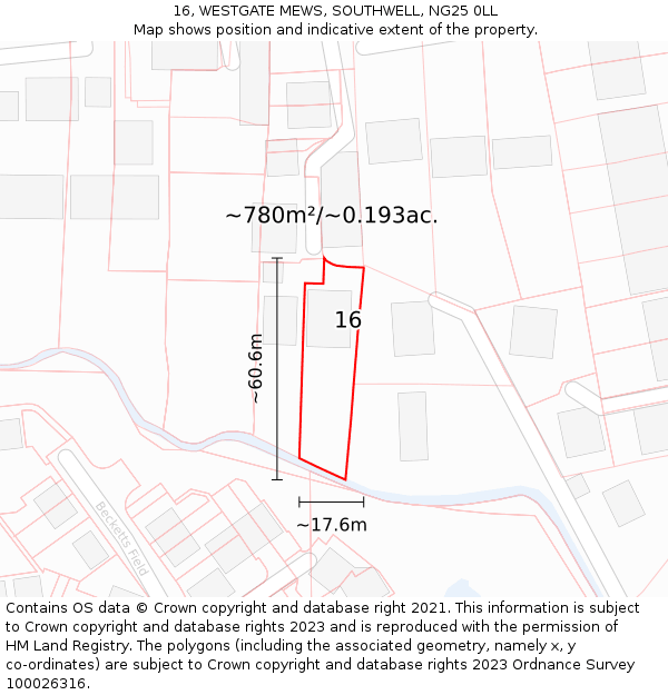 16, WESTGATE MEWS, SOUTHWELL, NG25 0LL: Plot and title map