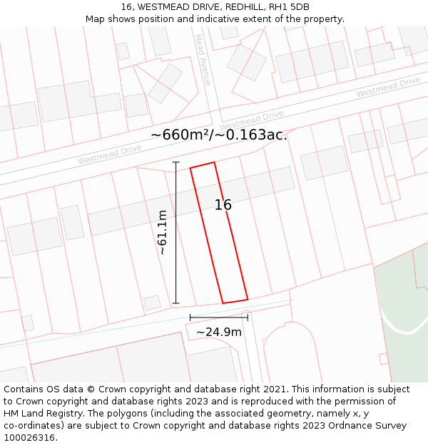 16, WESTMEAD DRIVE, REDHILL, RH1 5DB: Plot and title map