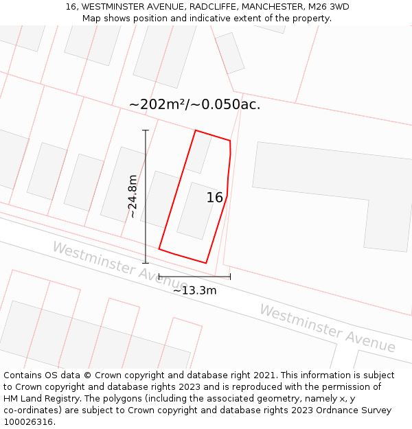16, WESTMINSTER AVENUE, RADCLIFFE, MANCHESTER, M26 3WD: Plot and title map