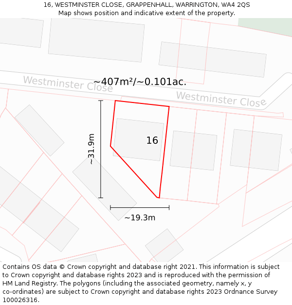 16, WESTMINSTER CLOSE, GRAPPENHALL, WARRINGTON, WA4 2QS: Plot and title map