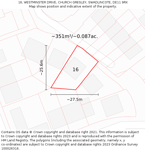16, WESTMINSTER DRIVE, CHURCH GRESLEY, SWADLINCOTE, DE11 9RX: Plot and title map