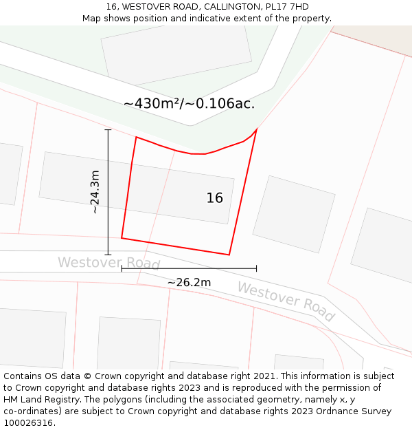 16, WESTOVER ROAD, CALLINGTON, PL17 7HD: Plot and title map