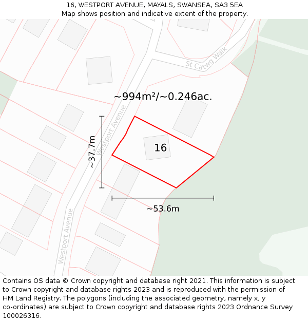 16, WESTPORT AVENUE, MAYALS, SWANSEA, SA3 5EA: Plot and title map