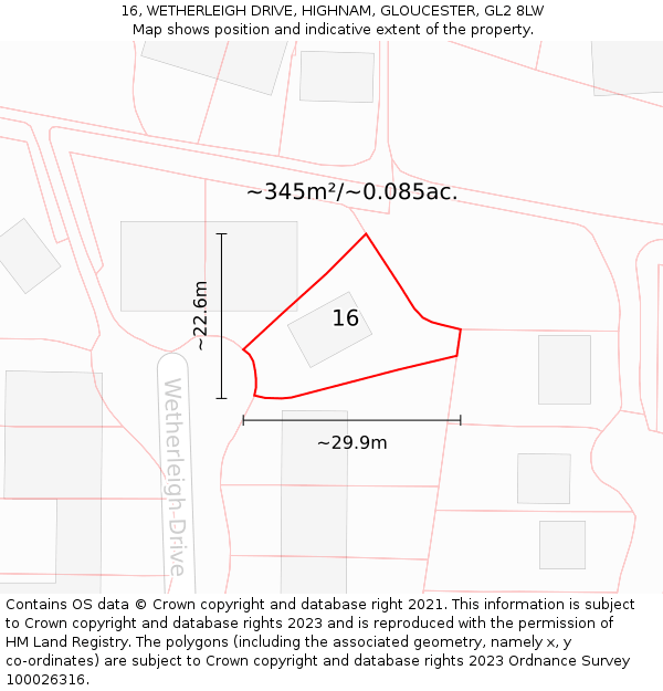 16, WETHERLEIGH DRIVE, HIGHNAM, GLOUCESTER, GL2 8LW: Plot and title map