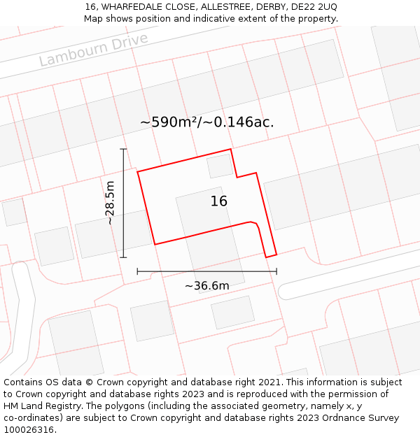 16, WHARFEDALE CLOSE, ALLESTREE, DERBY, DE22 2UQ: Plot and title map
