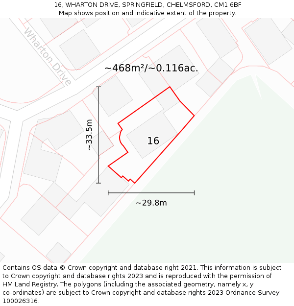 16, WHARTON DRIVE, SPRINGFIELD, CHELMSFORD, CM1 6BF: Plot and title map