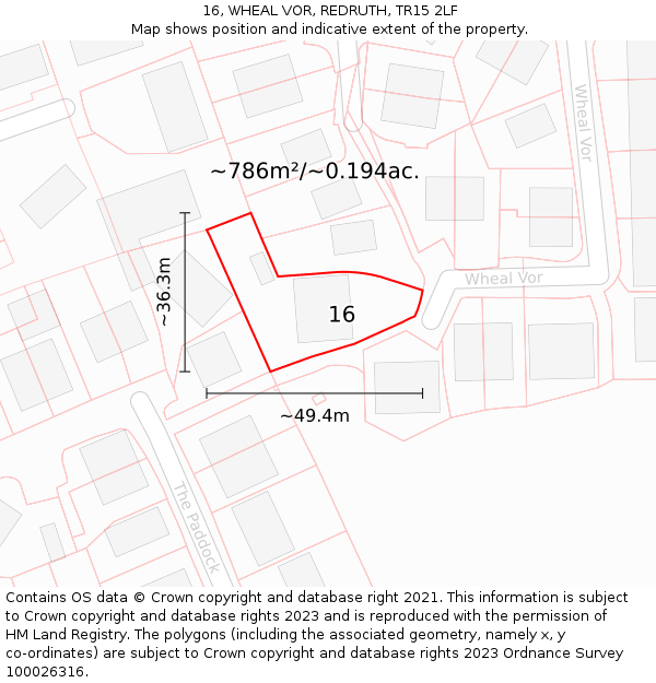 16, WHEAL VOR, REDRUTH, TR15 2LF: Plot and title map