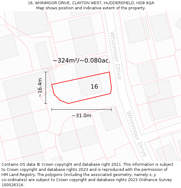 16, WHINMOOR DRIVE, CLAYTON WEST, HUDDERSFIELD, HD8 9QA: Plot and title map