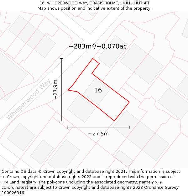 16, WHISPERWOOD WAY, BRANSHOLME, HULL, HU7 4JT: Plot and title map
