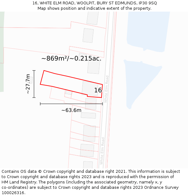 16, WHITE ELM ROAD, WOOLPIT, BURY ST EDMUNDS, IP30 9SQ: Plot and title map