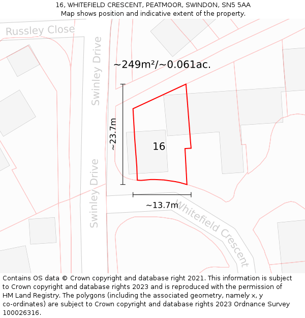16, WHITEFIELD CRESCENT, PEATMOOR, SWINDON, SN5 5AA: Plot and title map