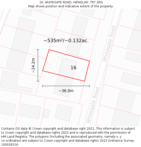 16, WHITEGATE ROAD, NEWQUAY, TR7 2RG: Plot and title map