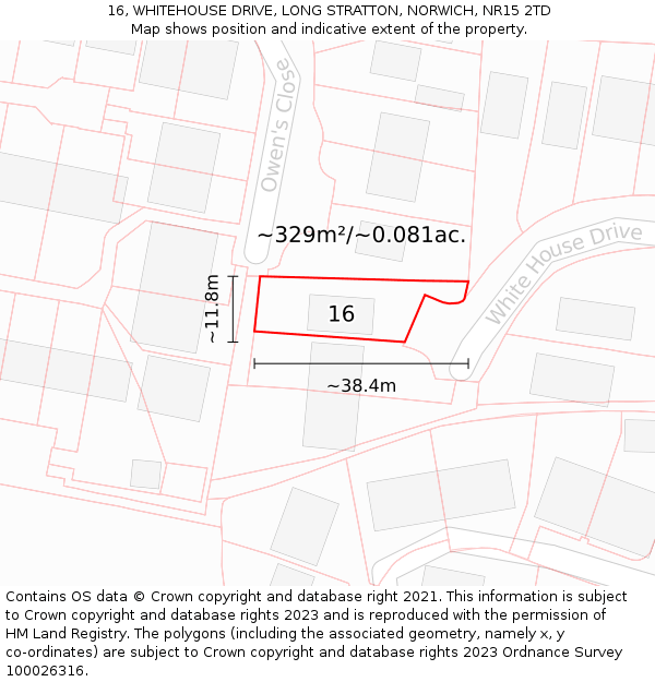16, WHITEHOUSE DRIVE, LONG STRATTON, NORWICH, NR15 2TD: Plot and title map