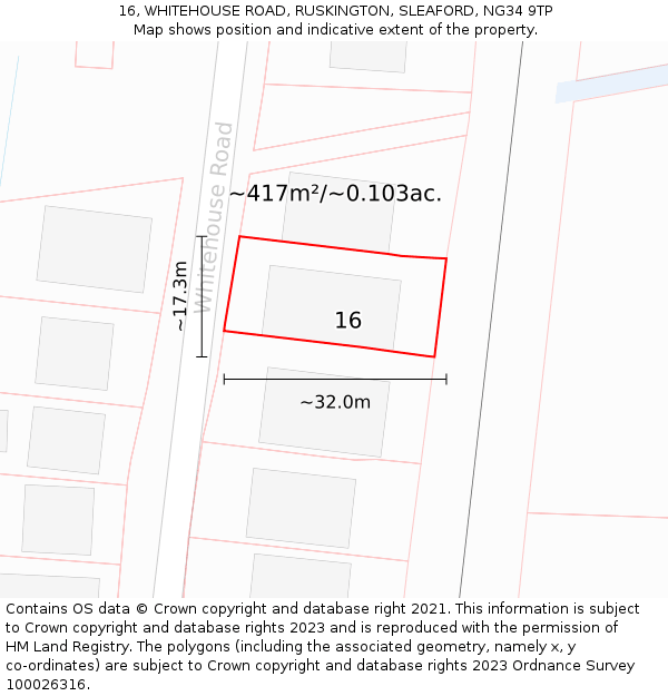 16, WHITEHOUSE ROAD, RUSKINGTON, SLEAFORD, NG34 9TP: Plot and title map