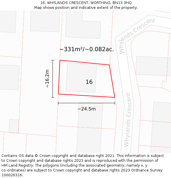 16, WHYLANDS CRESCENT, WORTHING, BN13 3HQ: Plot and title map