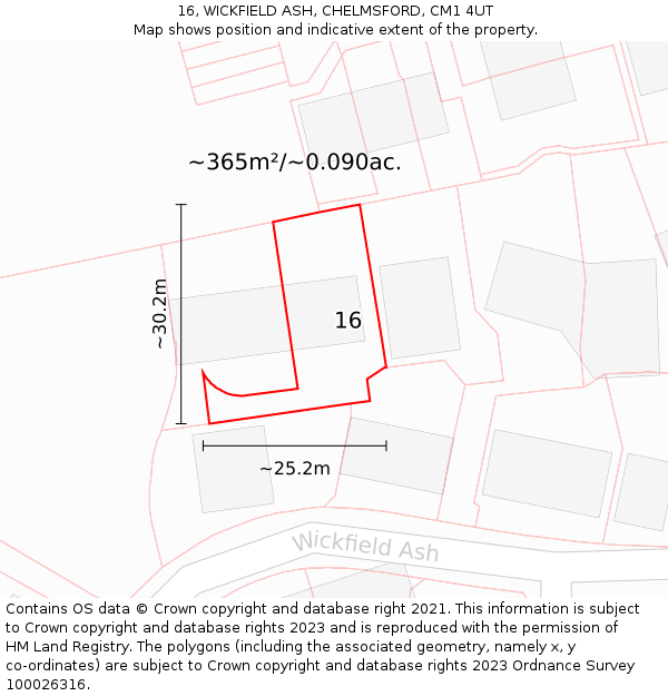 16, WICKFIELD ASH, CHELMSFORD, CM1 4UT: Plot and title map