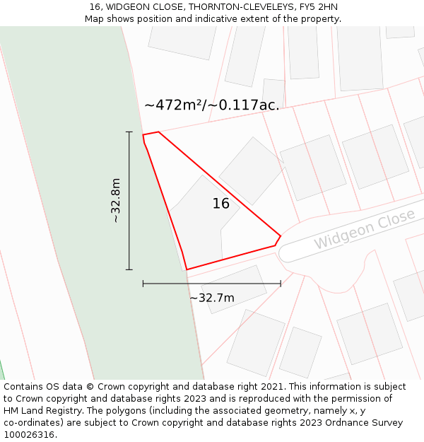 16, WIDGEON CLOSE, THORNTON-CLEVELEYS, FY5 2HN: Plot and title map