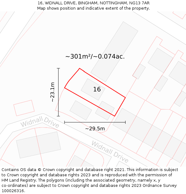 16, WIDNALL DRIVE, BINGHAM, NOTTINGHAM, NG13 7AR: Plot and title map