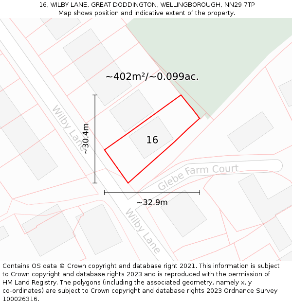 16, WILBY LANE, GREAT DODDINGTON, WELLINGBOROUGH, NN29 7TP: Plot and title map