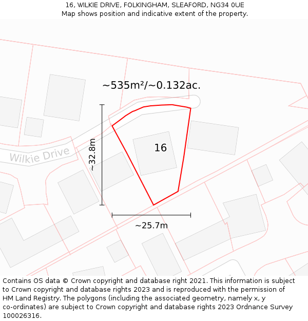 16, WILKIE DRIVE, FOLKINGHAM, SLEAFORD, NG34 0UE: Plot and title map