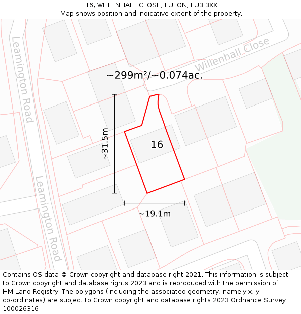 16, WILLENHALL CLOSE, LUTON, LU3 3XX: Plot and title map