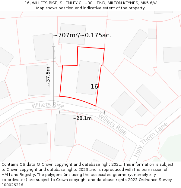 16, WILLETS RISE, SHENLEY CHURCH END, MILTON KEYNES, MK5 6JW: Plot and title map