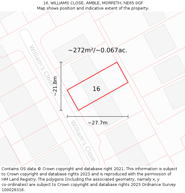 16, WILLIAMS CLOSE, AMBLE, MORPETH, NE65 0GF: Plot and title map