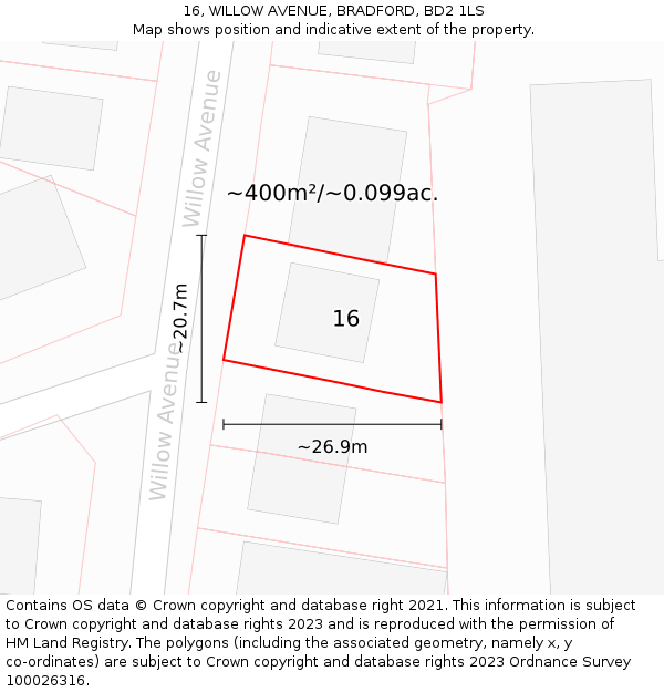 16, WILLOW AVENUE, BRADFORD, BD2 1LS: Plot and title map