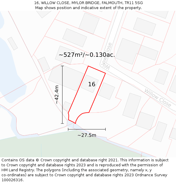 16, WILLOW CLOSE, MYLOR BRIDGE, FALMOUTH, TR11 5SG: Plot and title map