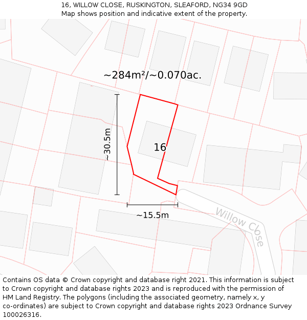 16, WILLOW CLOSE, RUSKINGTON, SLEAFORD, NG34 9GD: Plot and title map
