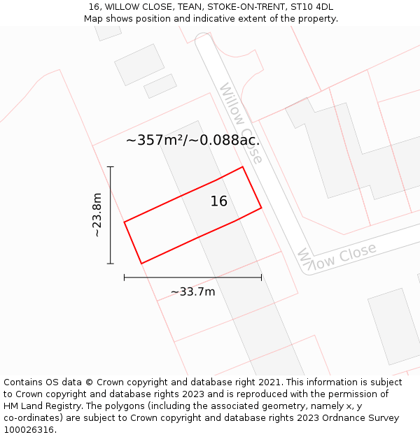 16, WILLOW CLOSE, TEAN, STOKE-ON-TRENT, ST10 4DL: Plot and title map