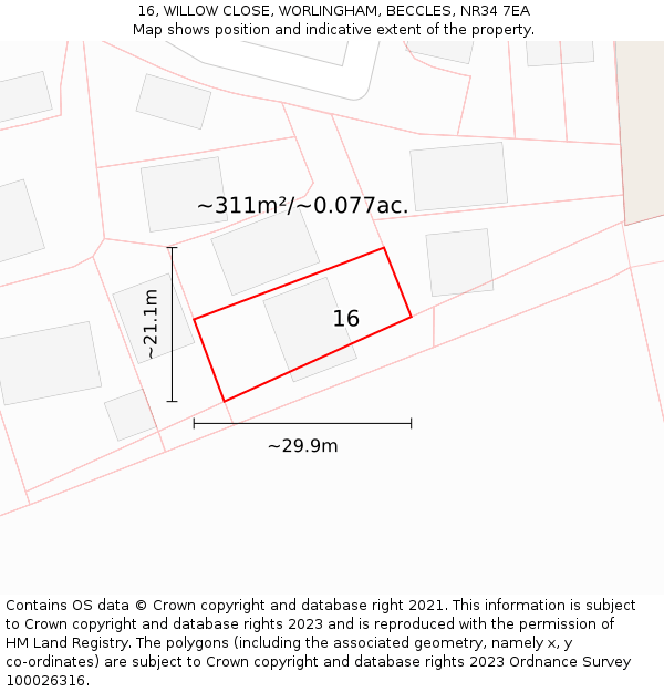16, WILLOW CLOSE, WORLINGHAM, BECCLES, NR34 7EA: Plot and title map