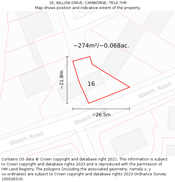 16, WILLOW DRIVE, CAMBORNE, TR14 7HR: Plot and title map