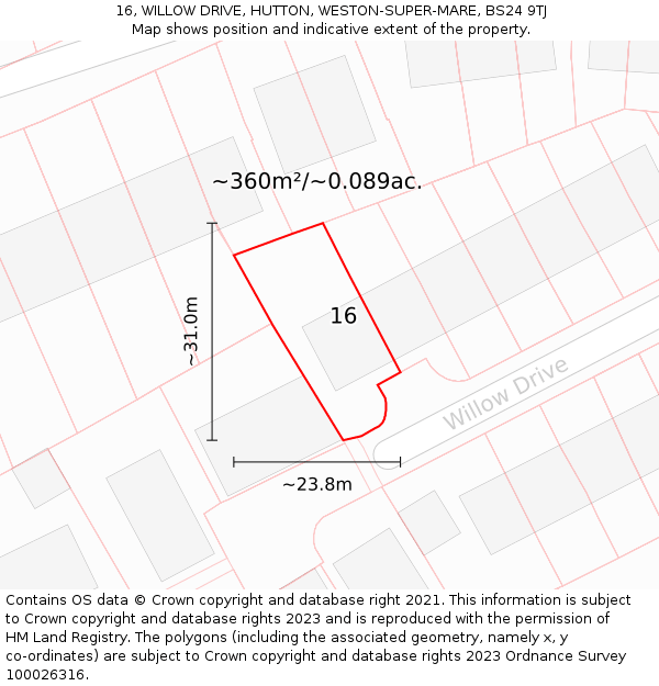 16, WILLOW DRIVE, HUTTON, WESTON-SUPER-MARE, BS24 9TJ: Plot and title map