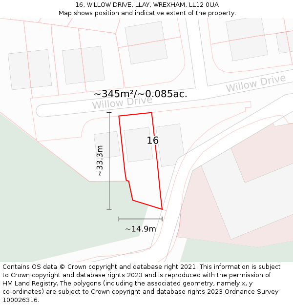 16, WILLOW DRIVE, LLAY, WREXHAM, LL12 0UA: Plot and title map