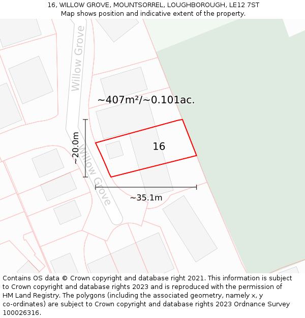 16, WILLOW GROVE, MOUNTSORREL, LOUGHBOROUGH, LE12 7ST: Plot and title map
