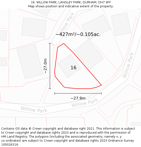 16, WILLOW PARK, LANGLEY PARK, DURHAM, DH7 9FF: Plot and title map