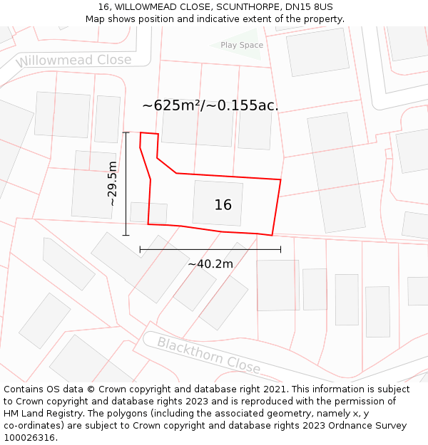 16, WILLOWMEAD CLOSE, SCUNTHORPE, DN15 8US: Plot and title map