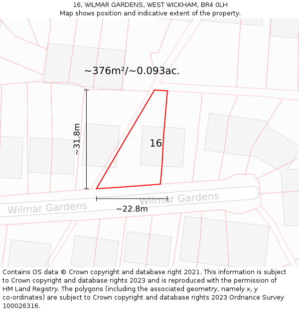 16, WILMAR GARDENS, WEST WICKHAM, BR4 0LH: Plot and title map