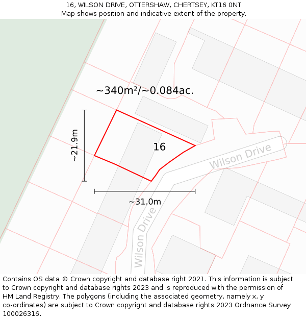 16, WILSON DRIVE, OTTERSHAW, CHERTSEY, KT16 0NT: Plot and title map