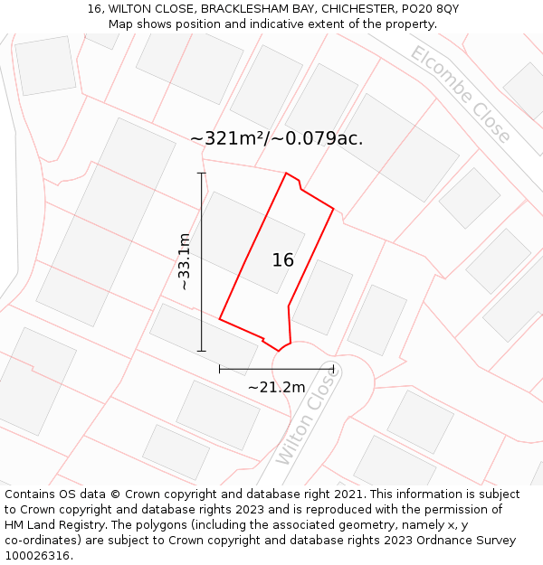 16, WILTON CLOSE, BRACKLESHAM BAY, CHICHESTER, PO20 8QY: Plot and title map