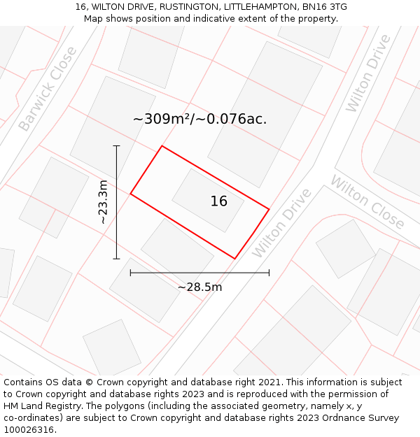 16, WILTON DRIVE, RUSTINGTON, LITTLEHAMPTON, BN16 3TG: Plot and title map