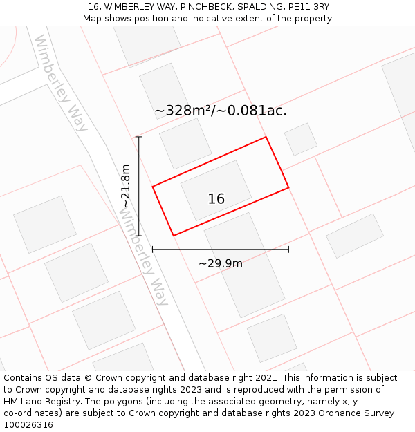 16, WIMBERLEY WAY, PINCHBECK, SPALDING, PE11 3RY: Plot and title map