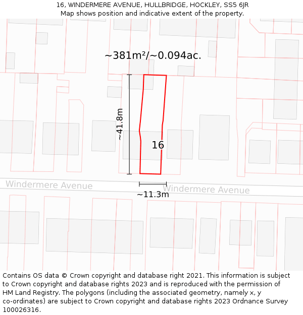 16, WINDERMERE AVENUE, HULLBRIDGE, HOCKLEY, SS5 6JR: Plot and title map