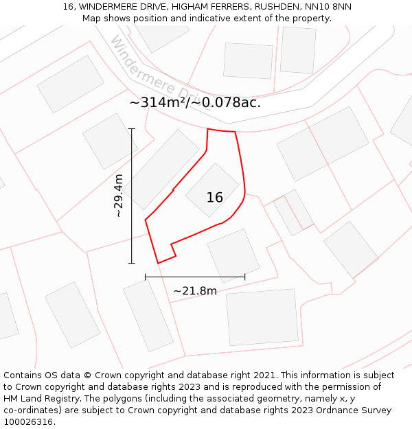16, WINDERMERE DRIVE, HIGHAM FERRERS, RUSHDEN, NN10 8NN: Plot and title map